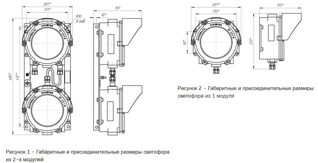 Рисунок 1 - Габаритные и присоединительные размеры светофора из 2-х модулей